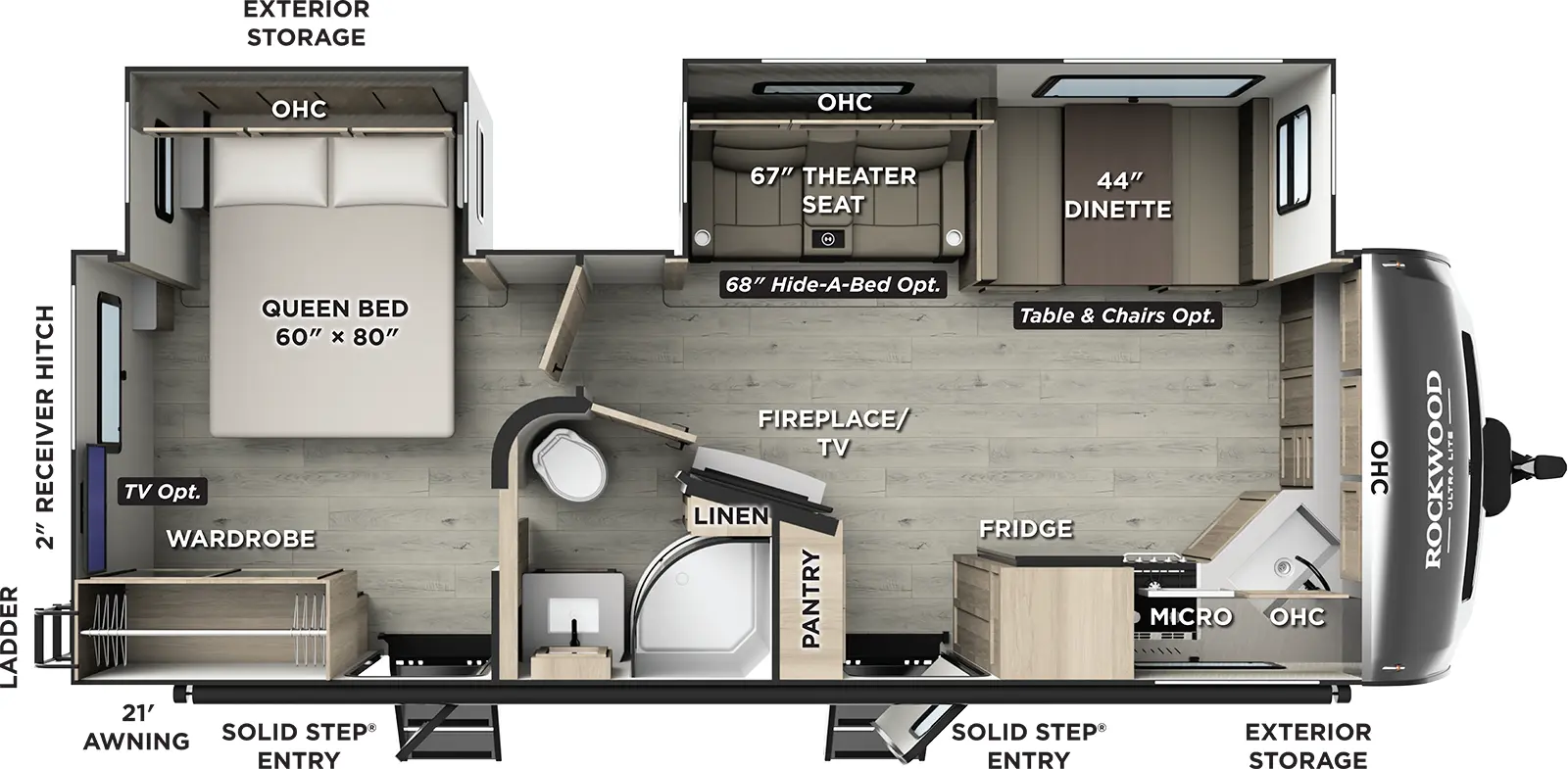 The Rockwood Ultra Lite Travel Trailers 2608BS floorplan has two entries and two slide outs. Exterior features include: fiberglass exterior and 21' awning. Interiors features include: front kitchen, free-standing dinette option and rear bedroom.